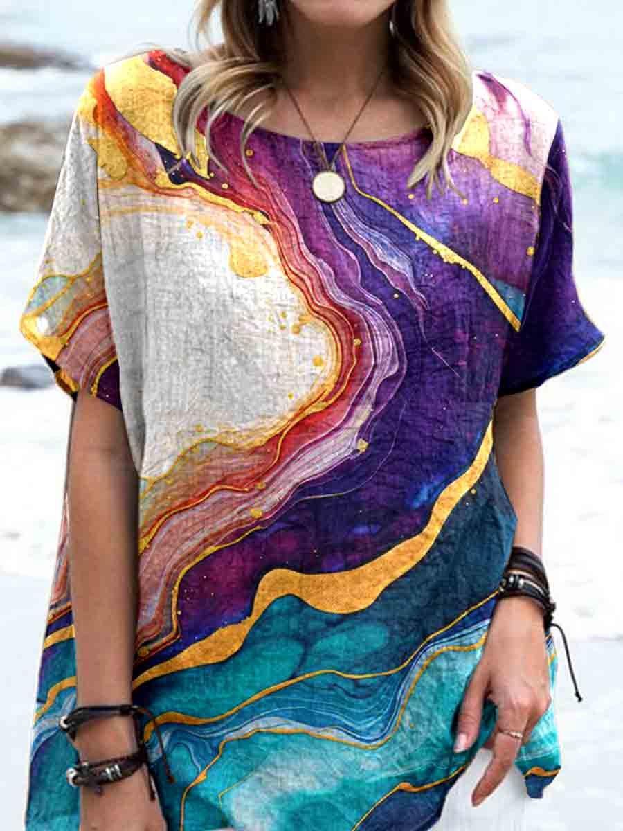 Women's Art Fluid Gradient Print Pattern Linen Top