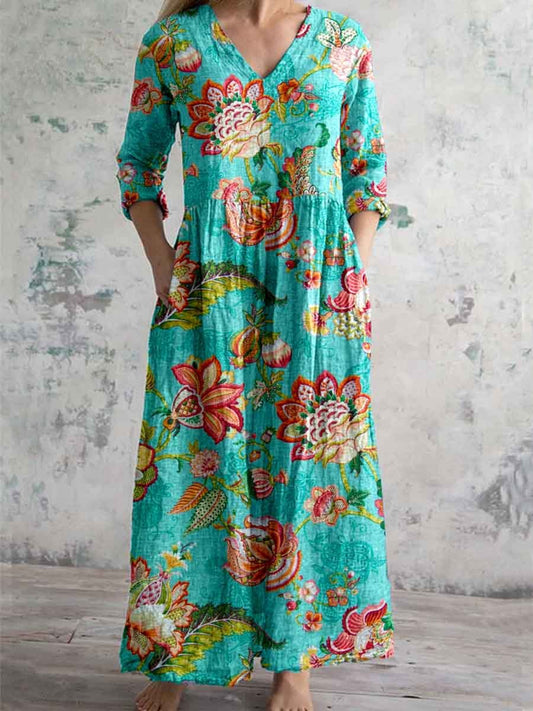 Women's Vintage Elegant Floral Pattern Cotton and Linen Dress with Pockets
