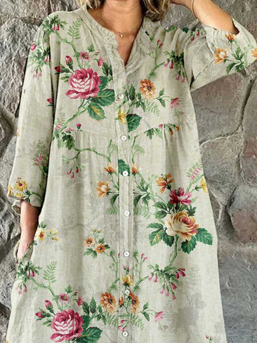 Women's Elegant  Rose Floral Pattern Shirt Style Cotton and Linen Dress