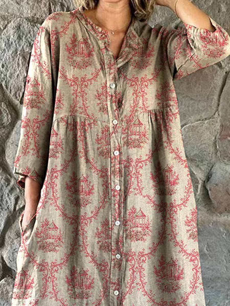 Women's Elegant Simple Floral Pattern Shirt Cotton and Linen Dress with Pockets