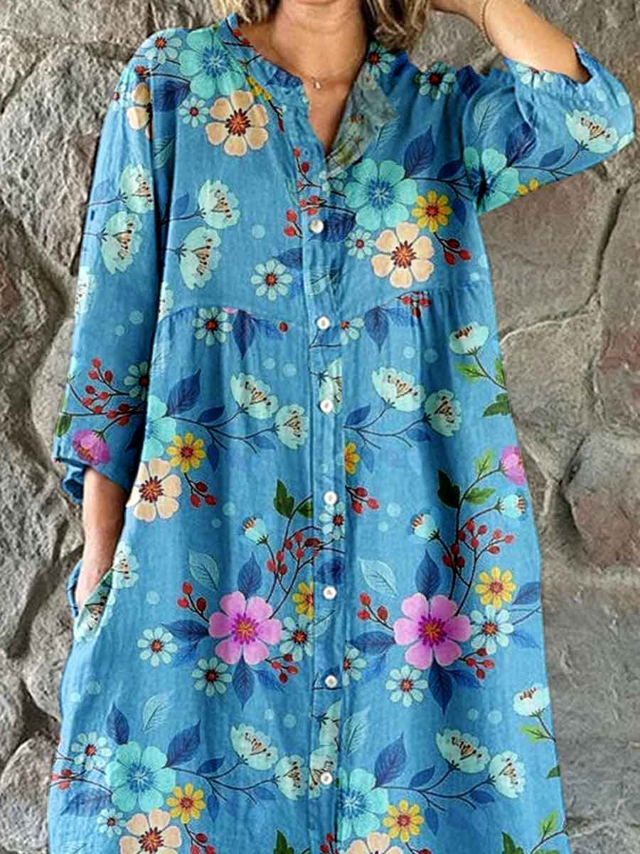 Women's Elegant Floral Pattern Shirt Style Cotton and Linen Dress