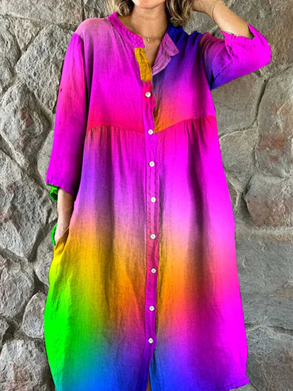 Women's Rainbow Color Gradient Print Elegant Simple Shirt Cotton and Linen Dress