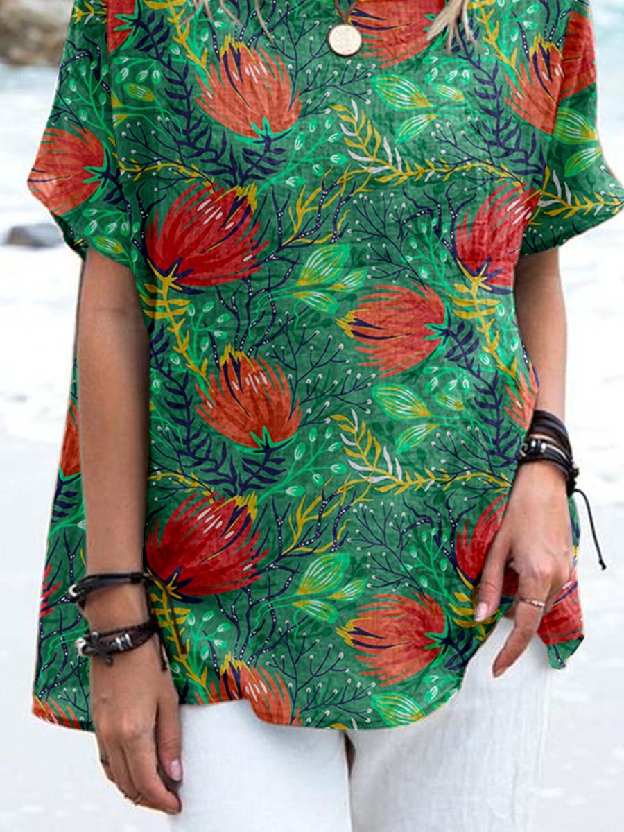 Women's Tropical Poppy Floral Crew Neck Cotton and Linen Top