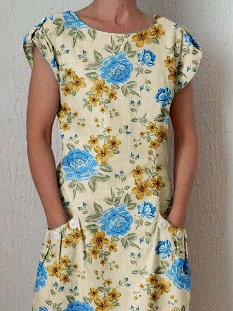 Women's Elegant Floral Pattern Round Neck Cotton and Linen Dress