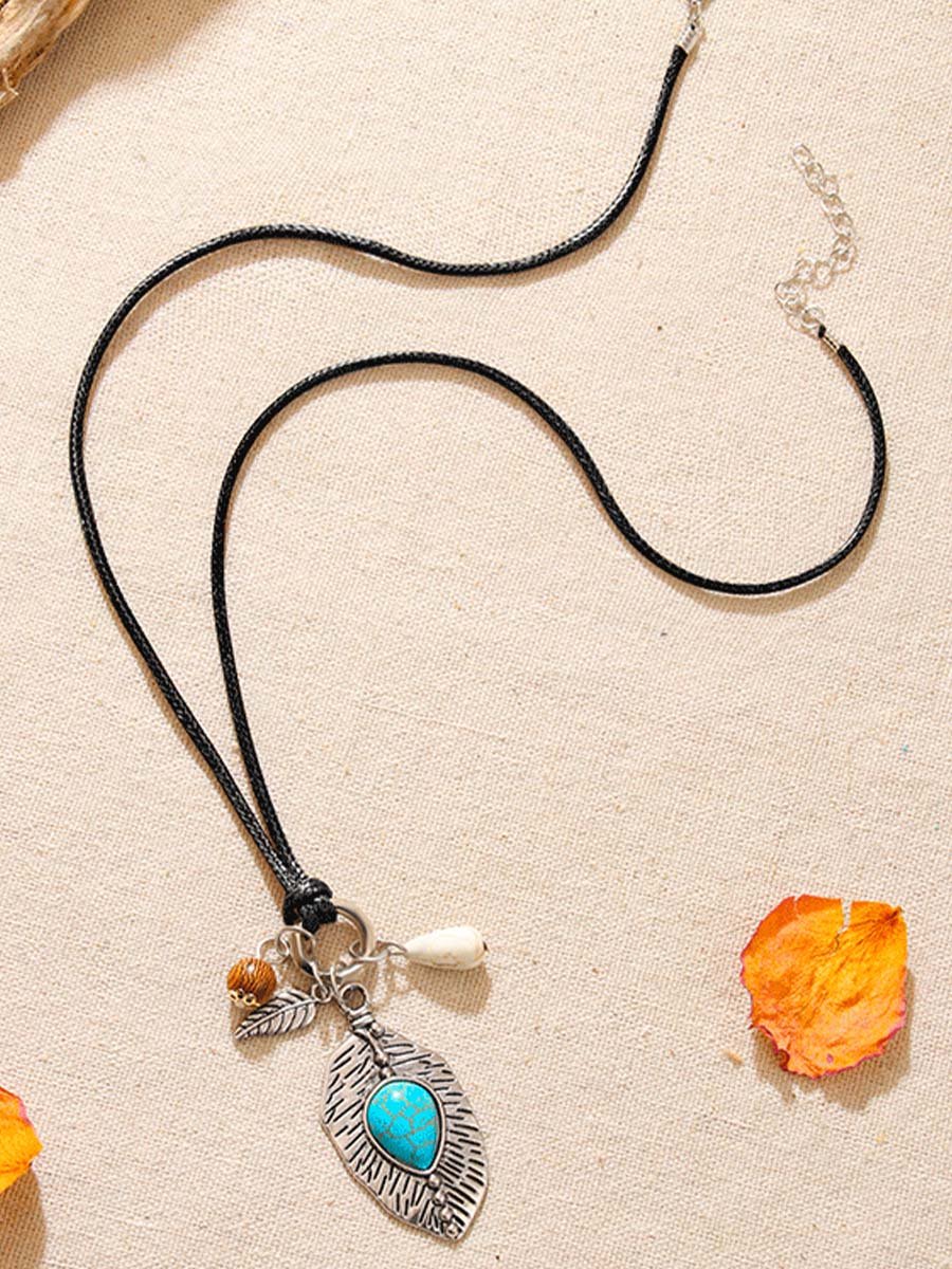 Turquoise Pendant Bohemian Jewelry Wax Rope Necklace