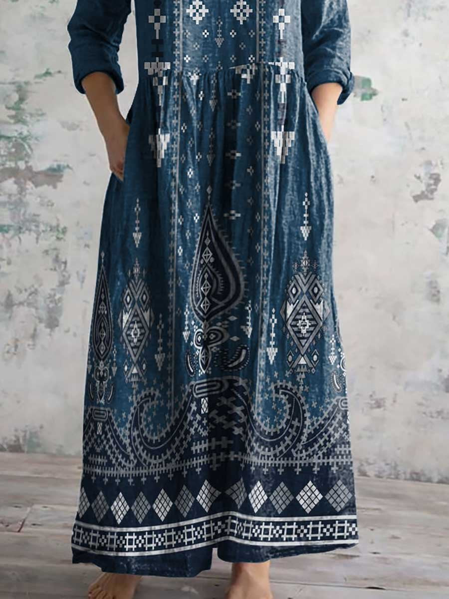 Women's V-Neck Bohemian Pattern Cotton and Linen Pocket Dress