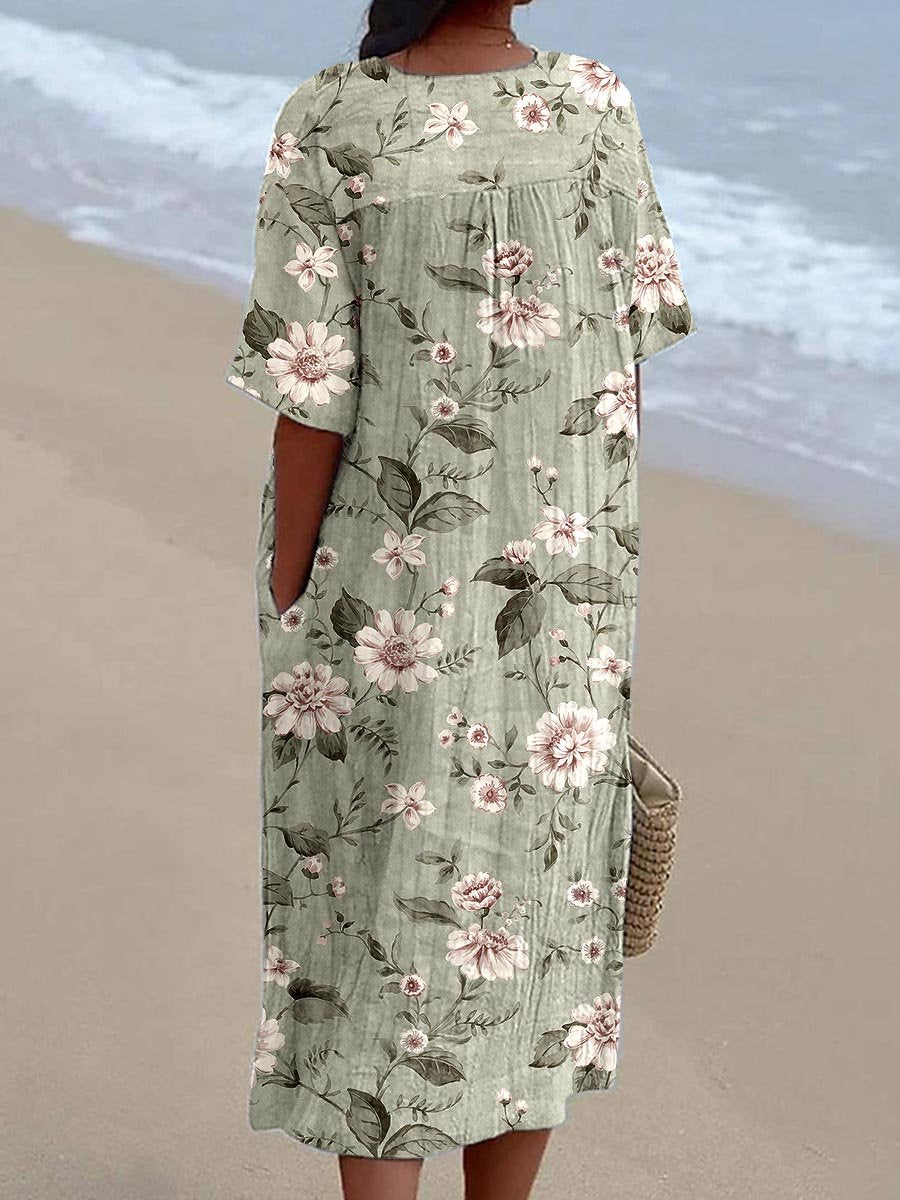 Women's Seaside Vacation Elegant Floral Pattern V-Neck Cotton and Linen Dress