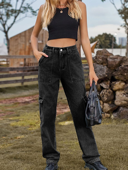 Women's Distressed Semi-Elastic Denim Cargo Pants