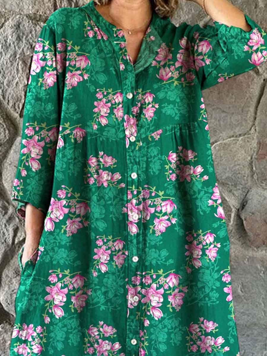 Women's Elegant Simple Floral Pattern Shirt Style Cotton and Linen Dress