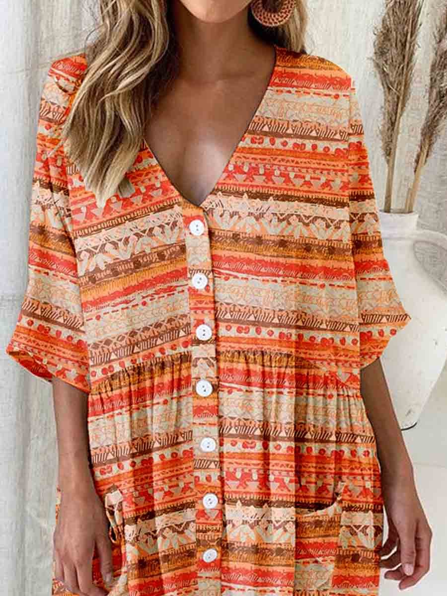 Women's Striped Bohemian V-Neck Cardigan Cotton and Linen Dress