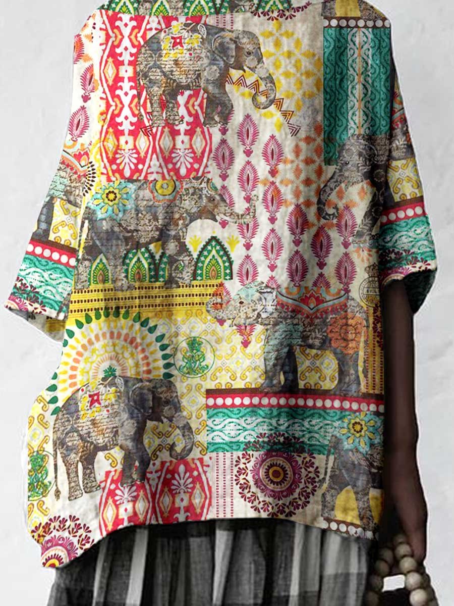 Women's Ethnic Geometric Pattern Cotton And LinenTops