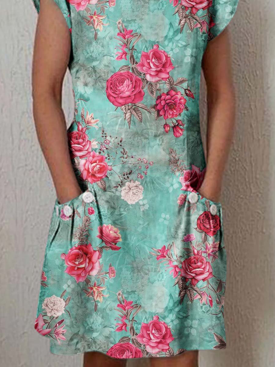 Women's Elegant Floral Pattern Round Neck Cotton and Linen Dress