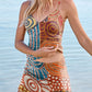 V-neck Retro Abstraction Print Suspender Skirt Tankini Pantskirt Set Swimsuit