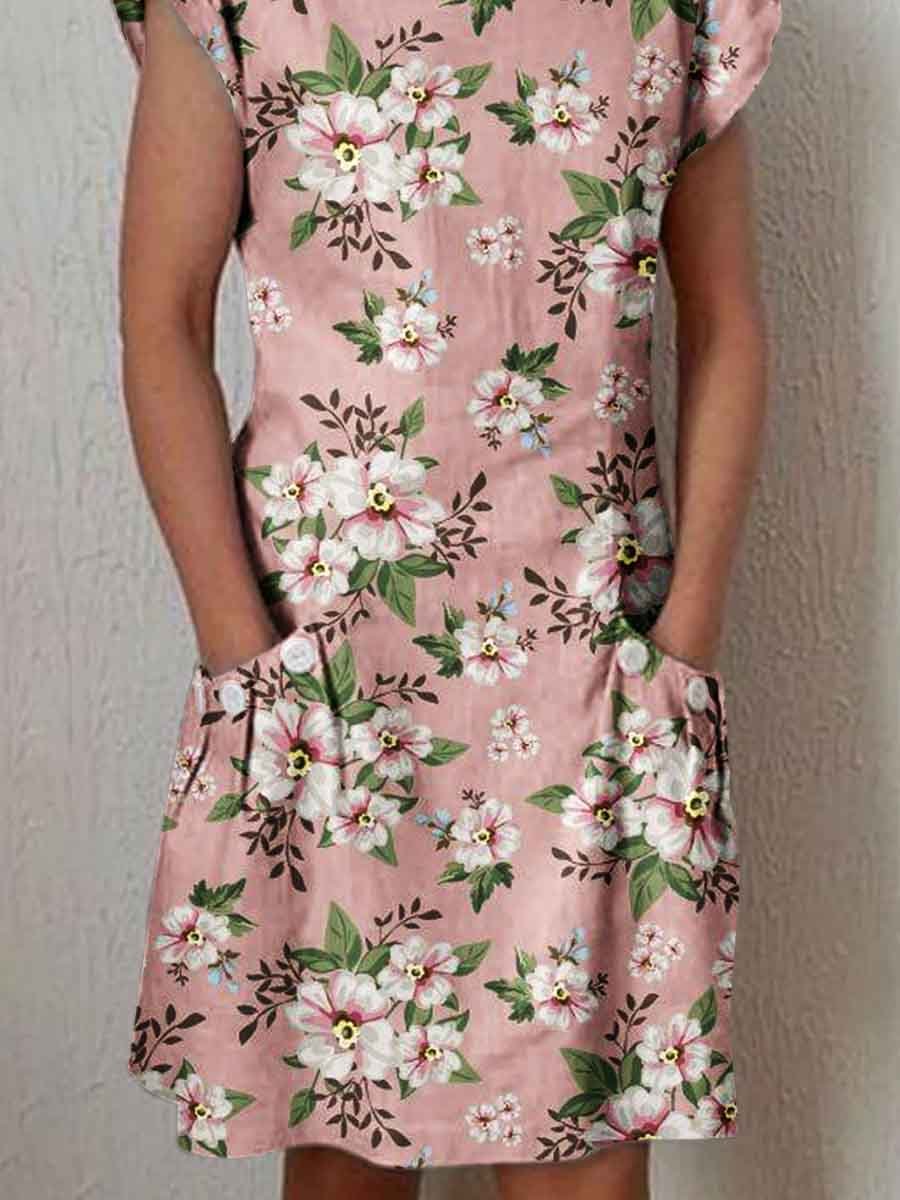 Women's Elegant Floral Pattern Crew Neck Dress