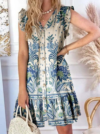 Women's Elegant Bohemian Geometric Pattern Graphic Ruffle Sleeve Hem Dress