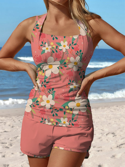 Pink Paisley Cashew Flowers Print Halter Patchwork Mid Waisted Tankini Short Set Swimsuit