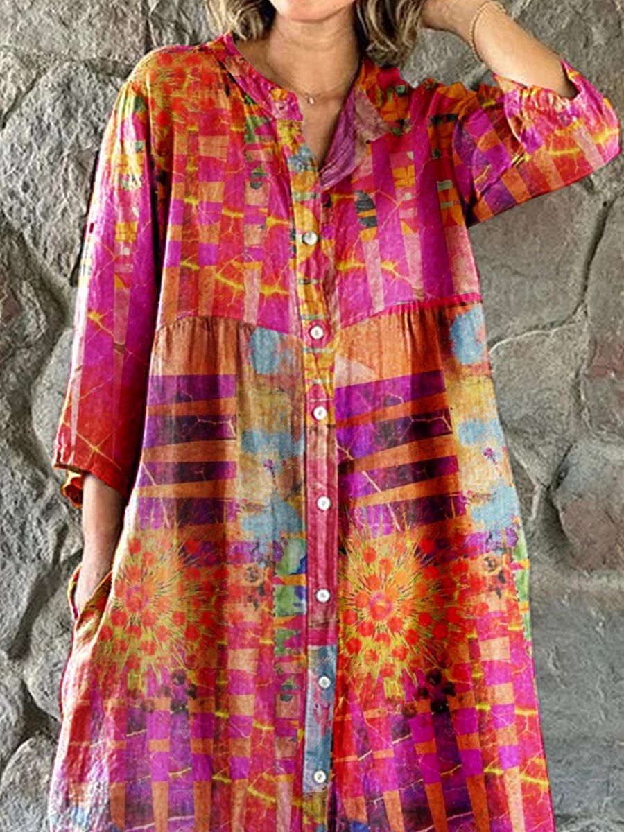 Women's Artistic Geometric Pattern Shirt-Style Cotton and Linen Dress