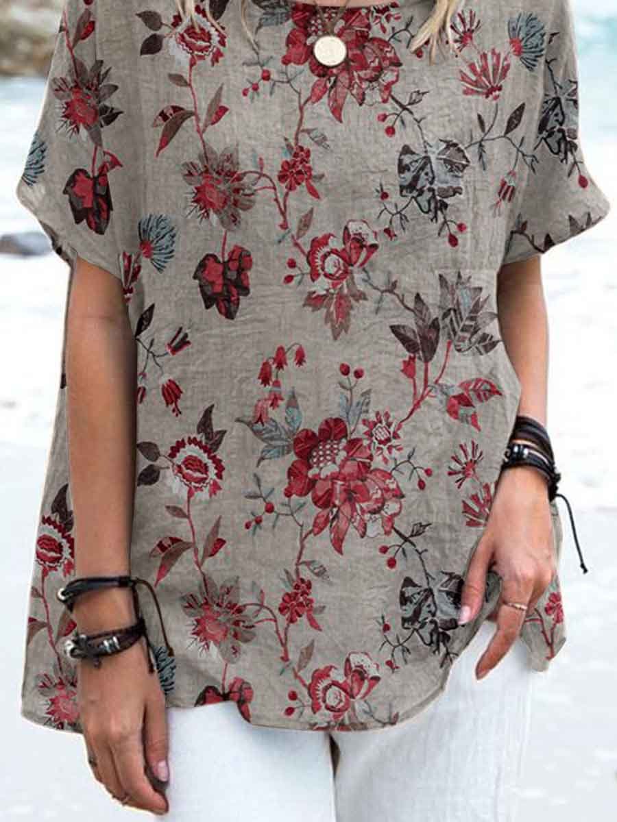 Women's Elegant  Floral Round Neck Cotton and Linen Top