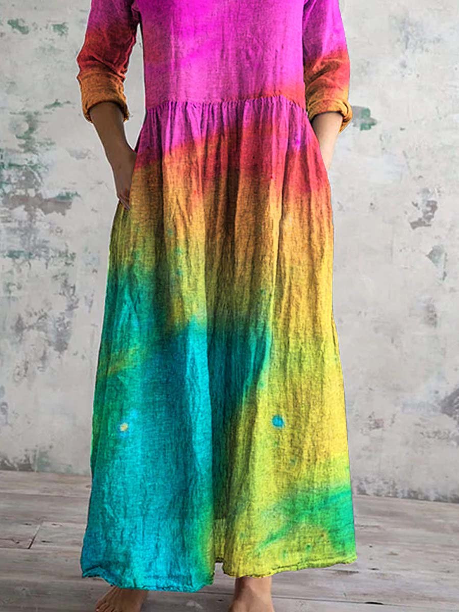 Women's V-Neck Rainbow Gradient Pattern Dress with Pockets