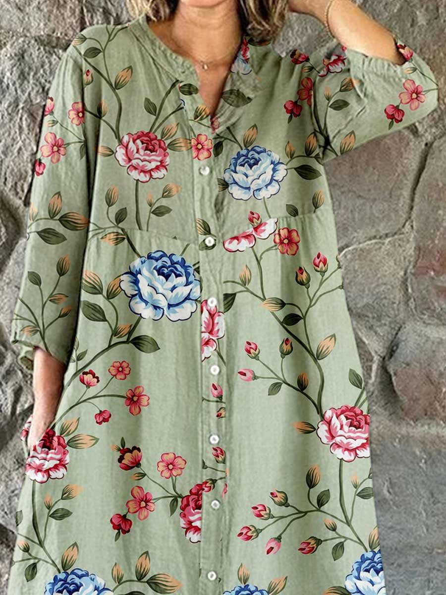 Women's Art Rose Floral Shirt Style Cotton and Linen Dress