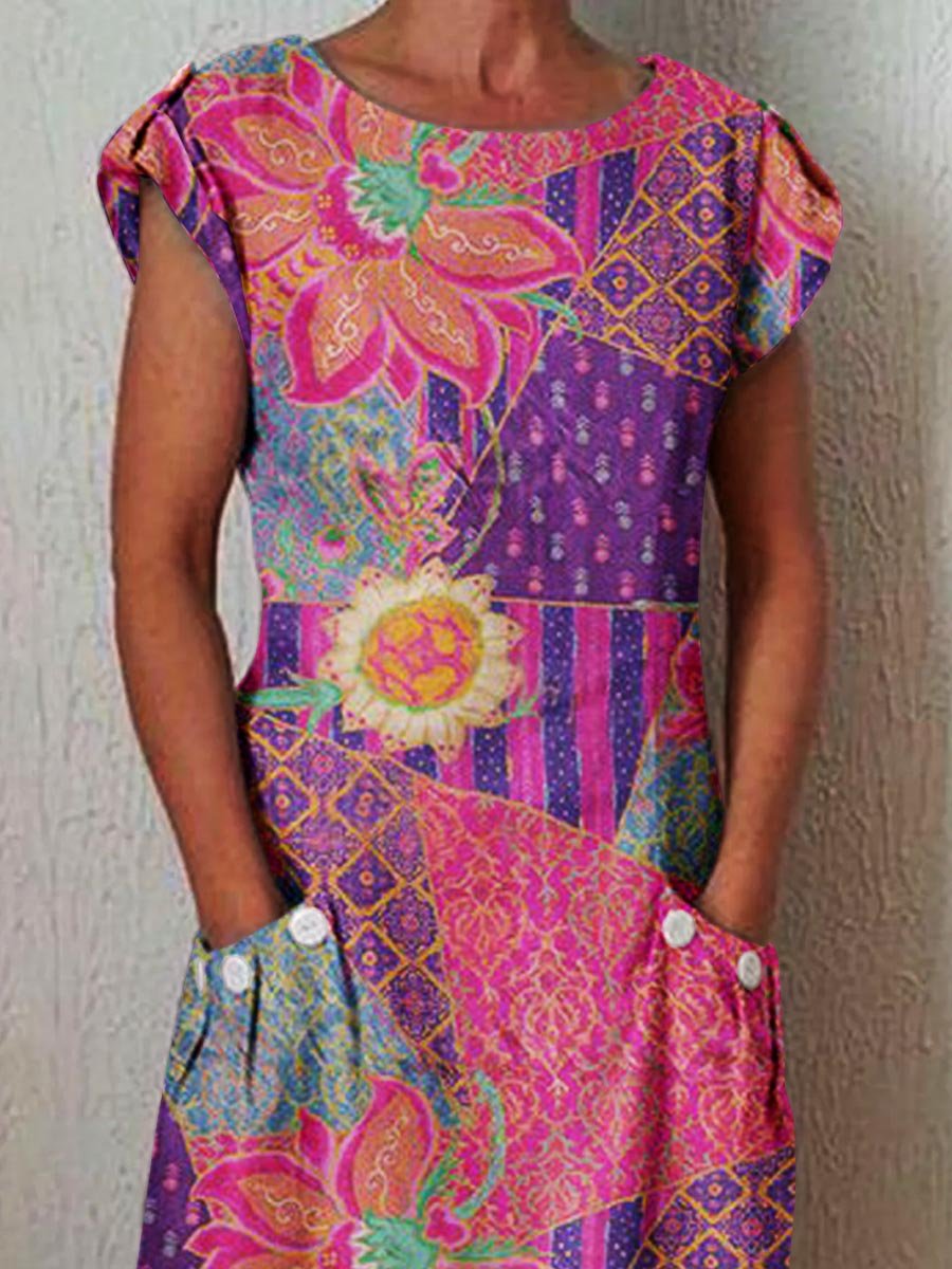 Women's Art Geometric Floral Pattern Cotton and Linen Dress with Pockets