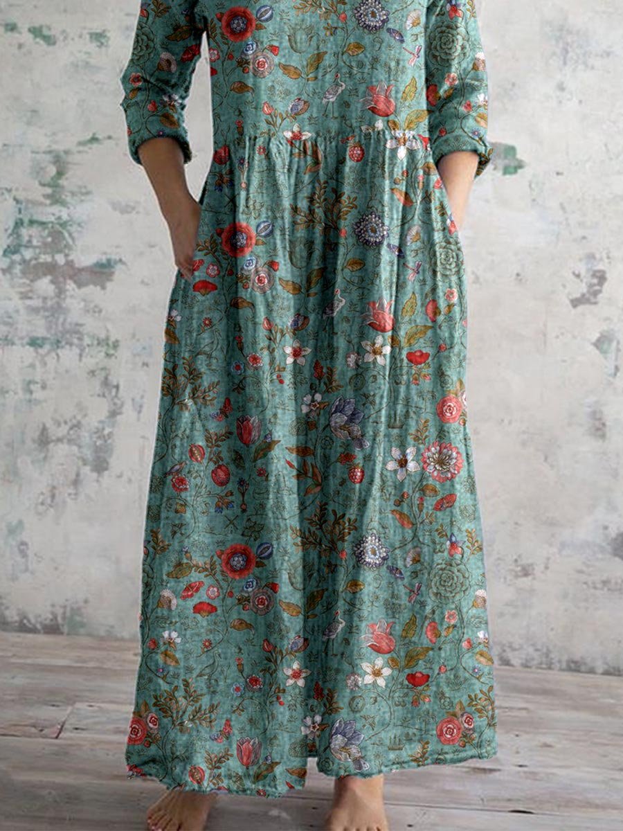 Women's Elegant Vintage Floral Pattern Cotton and Linen Dress with Pockets