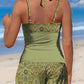 Green Symmetrical Flowers Retro Print Halter Patchwork Mid Waisted Tankini Short Set Swimsuit