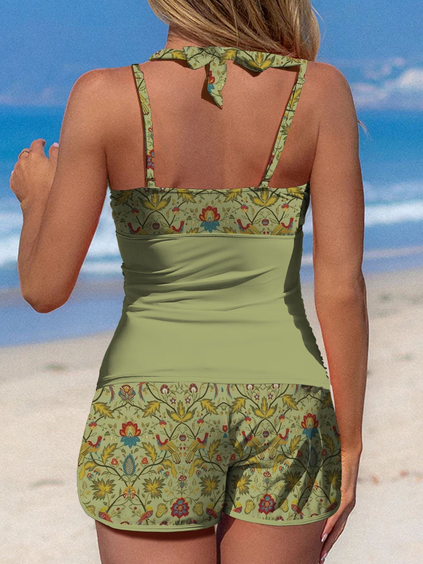 Green Symmetrical Flowers Retro Print Halter Patchwork Mid Waisted Tankini Short Set Swimsuit