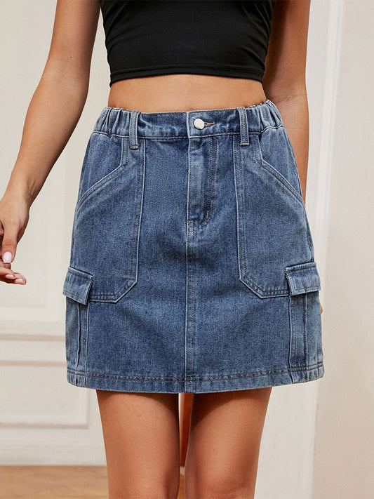 Women's Washed Elastic Waist Work Pocket Denim Skirt