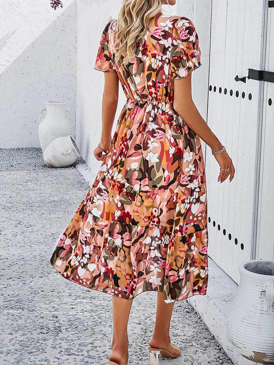 Women's Printed V Neck Short Sleeve Dress