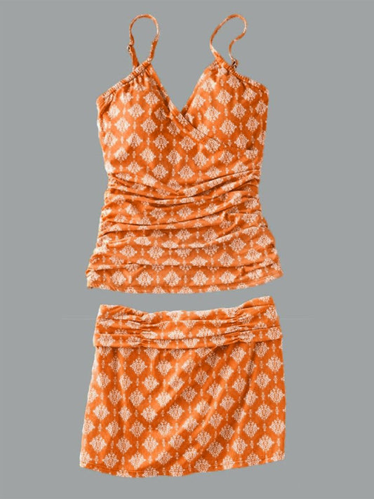 Women’s V-neck Paisley Print Suspender Skirt Tankini Set Swimsuit