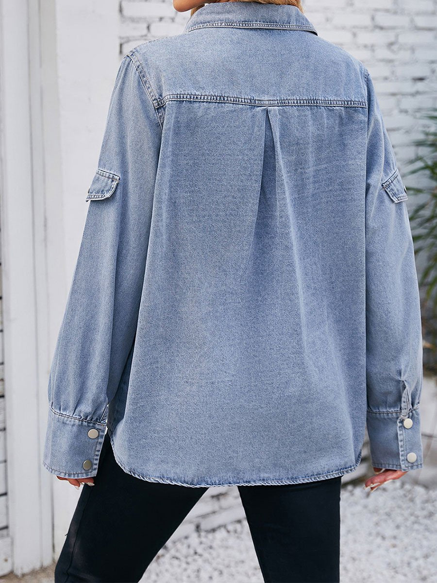 Women's Distressed Snap Button Long Sleeve Denim Shirt