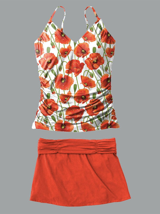 V-neck Red Continuous Poppy Print Suspender Skirt Tankini Pantskirt Set Swimsuit