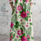 Women's Tropical Floral Pattern V-Neck Cotton and Linen Dress with Pockets