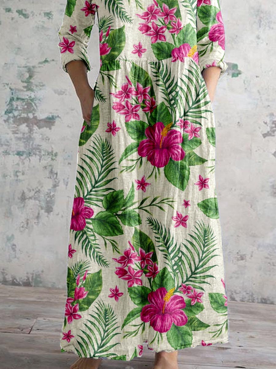 Women's Tropical Floral Pattern V-Neck Cotton and Linen Dress with Pockets