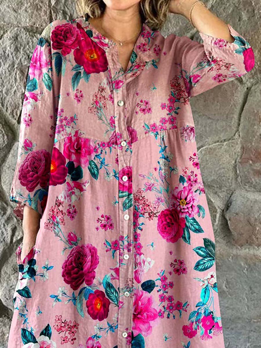 Women's Floral Art Print Cotton And Linen Shirt Dress