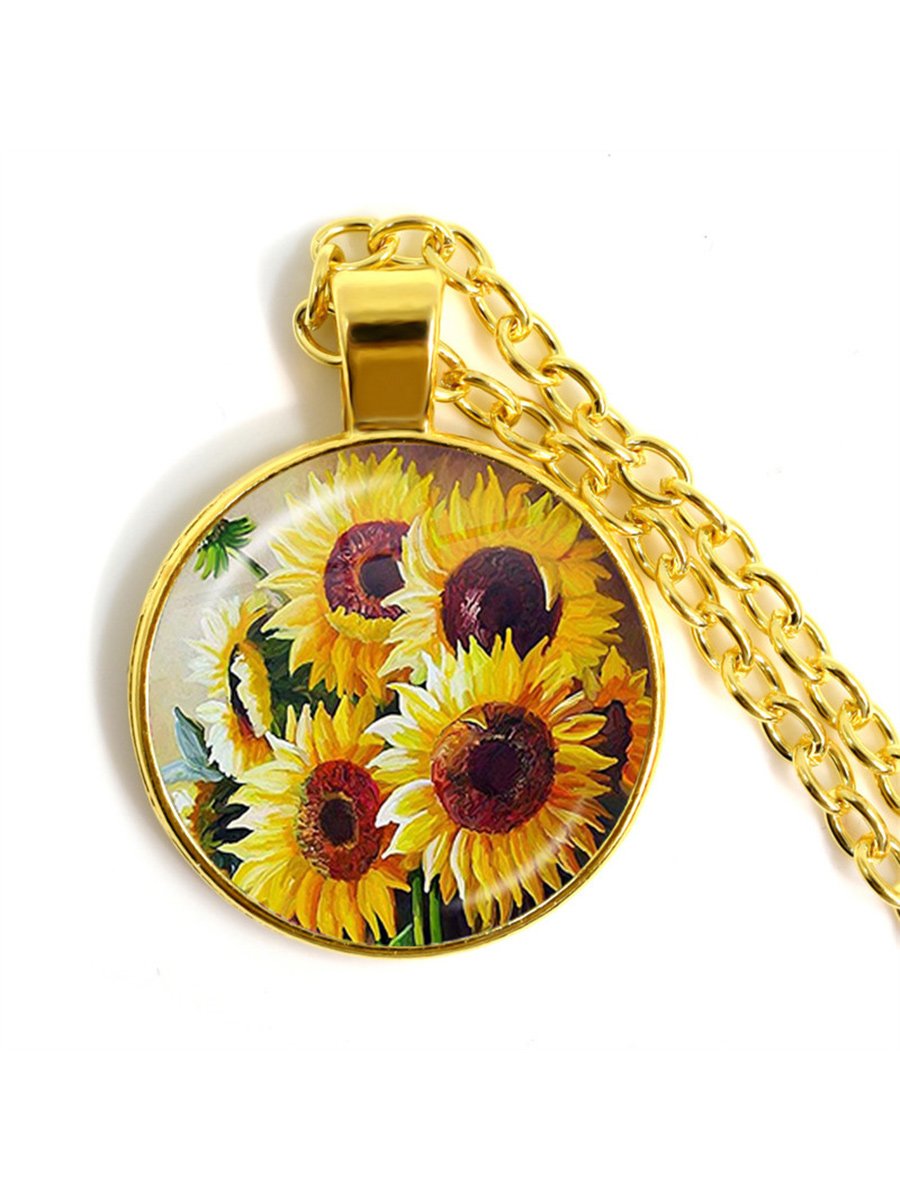 Stylish Poppy Pattern Glass Round Gold Necklace