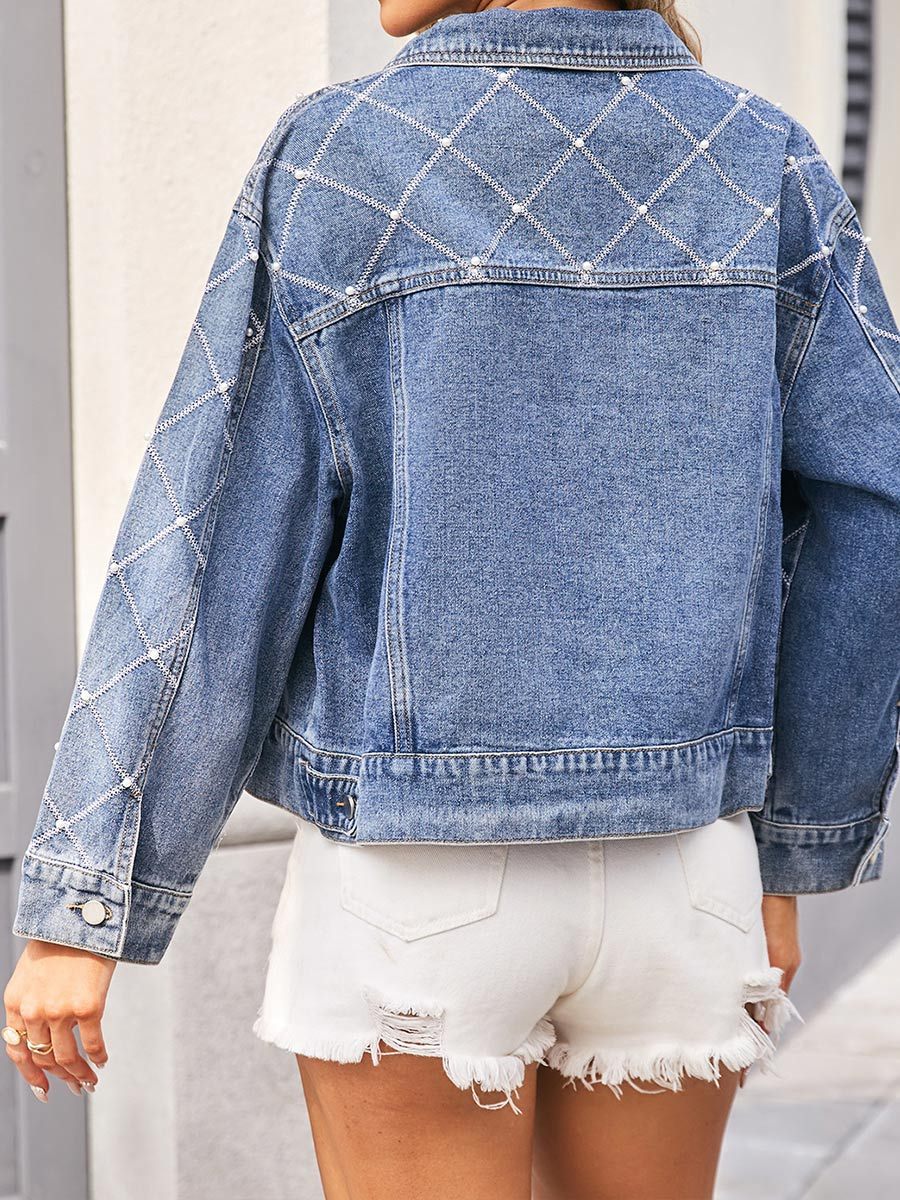 Women's Distressed Embroidered Beading Denim Jacket Top