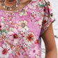 Women's Floral Pattern Print Decorative Button Round Neck Short Sleeve Cotton T-shirt Top