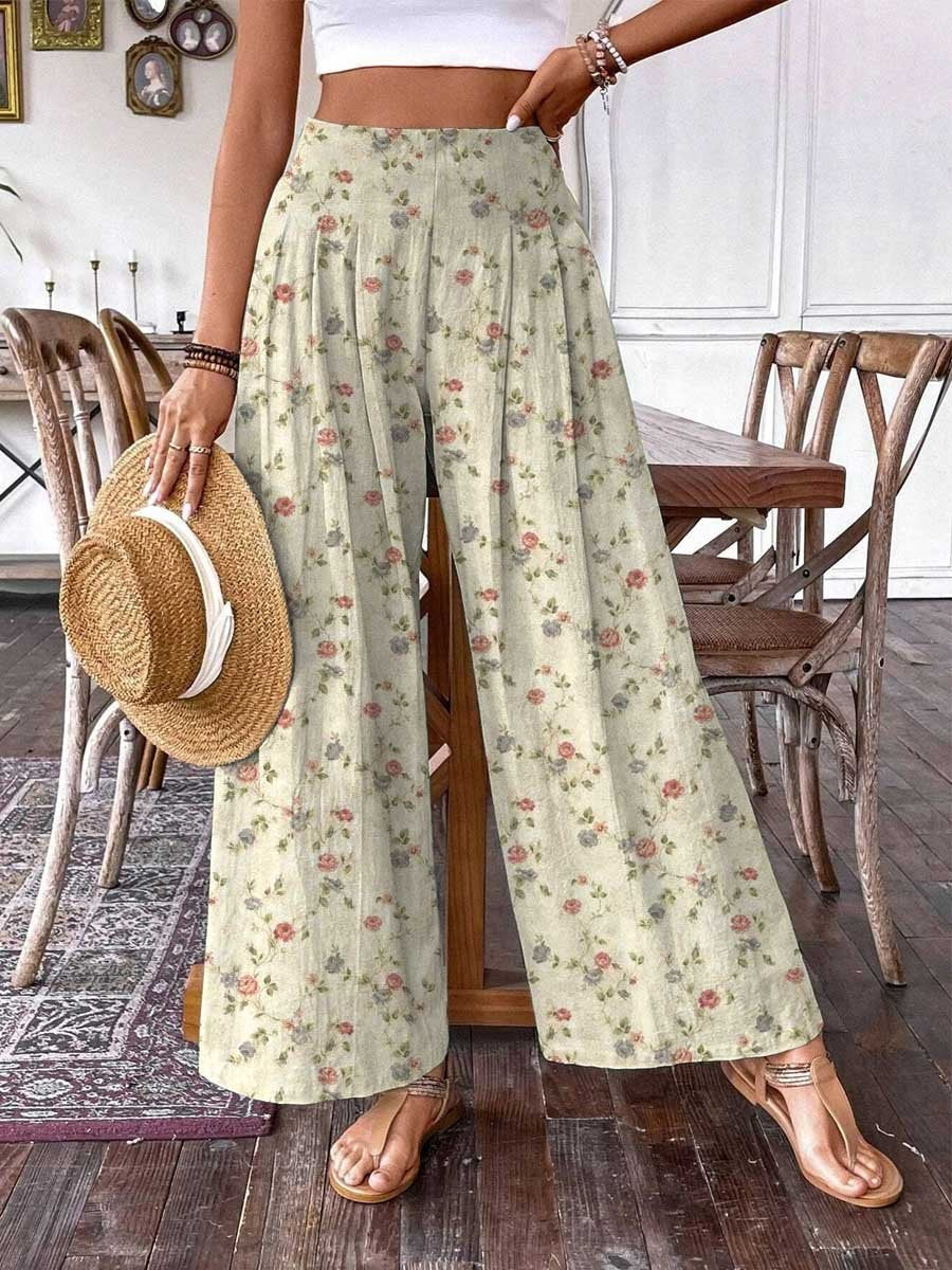 Women's Elegant Simple Floral Pattern Cotton and Linen Pants