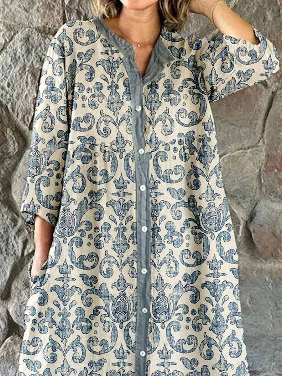 Women's Retro Elegant Floral Shirt Style Cotton and Linen Dress