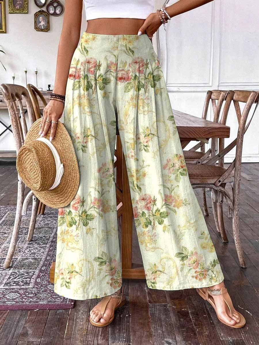 Women's Rose Floral Print Wide Leg Pants