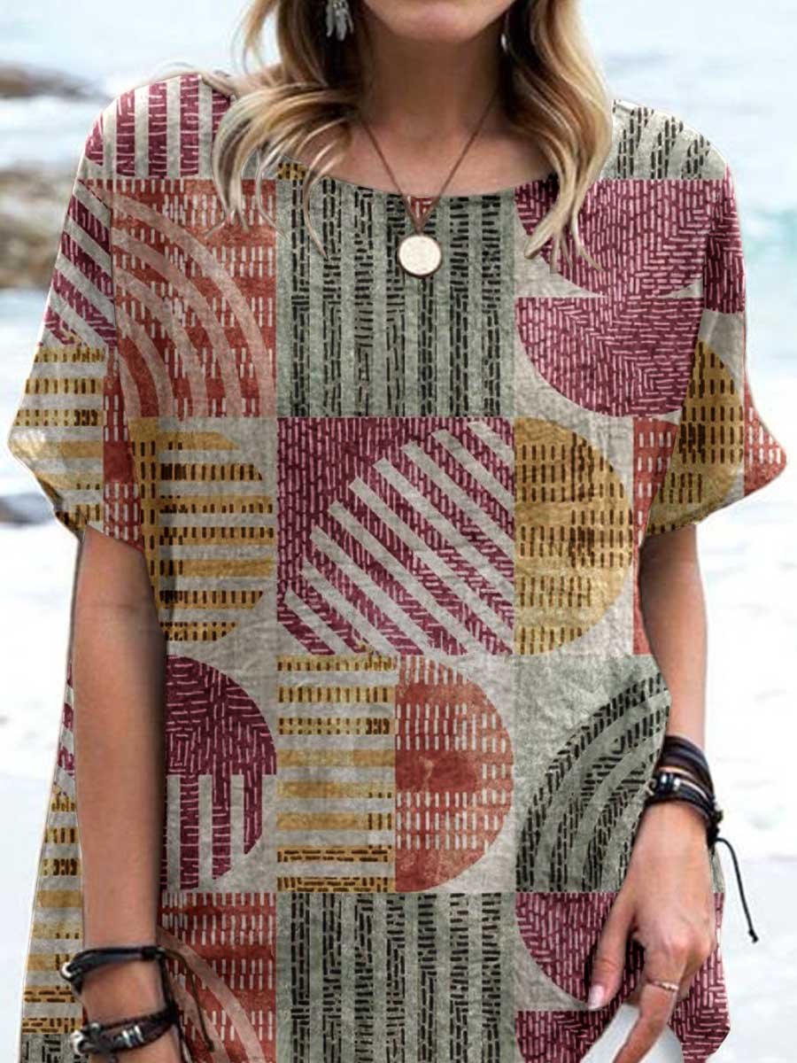 Women's Artistic Geometric Pattern Round Neck Cotton And Linen Top