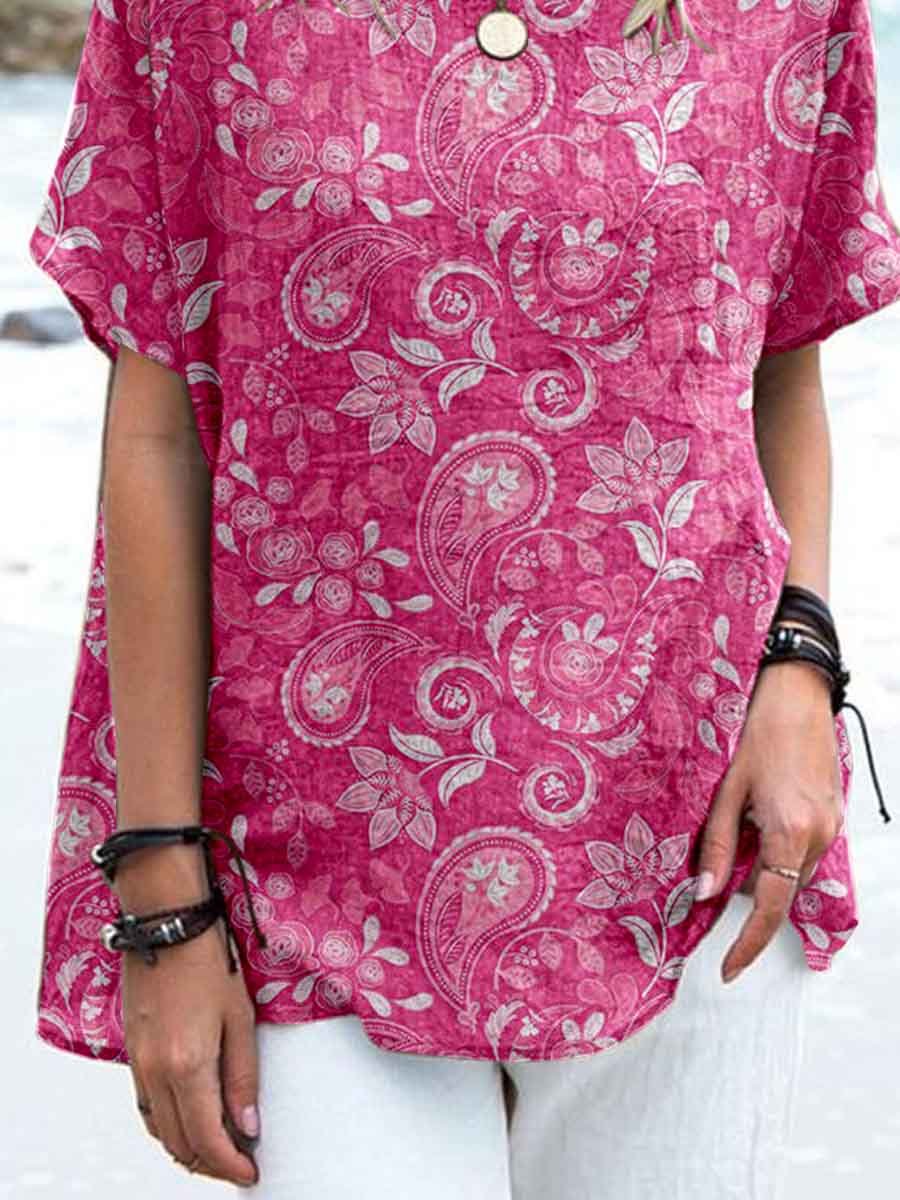 Women's Elegant Simple Decorative Floral Pattern Round Neck Cotton and Linen Top