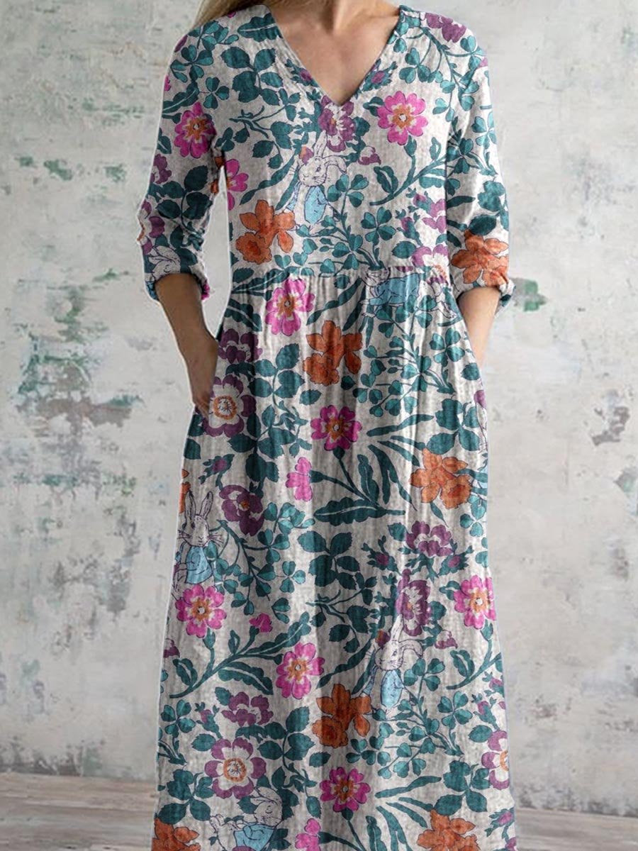 Women's Elegant Simple Floral Pattern V-Neck Cotton Dress