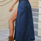 Women's Distressed Slit Denim Midi Skirt