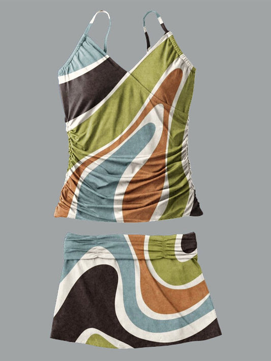 Women’s V-neck Ripple Print Suspender Skirt Tankini Set Swimsuit