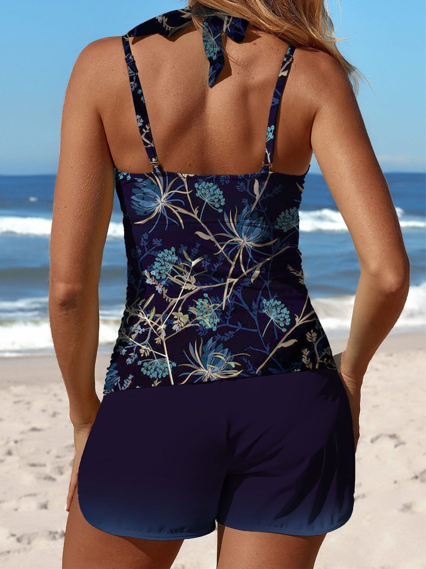 Dark Blue Gradient Flower Retro Pattern Art Symmetry Swimdress and Panty Swimsuit