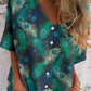 Women's Peacock Feather Pattern Printed V-neck Shirt Style Cotton and Linen top