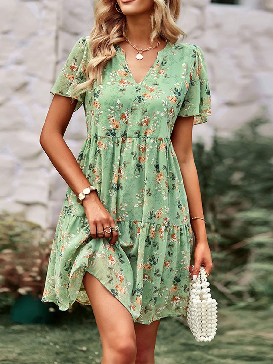 Women's Botanical Print V-Neck Dress